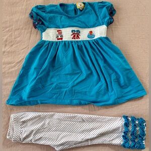 Dr. Seuss cat in the hat Smocked set, Tunic Top with Polka Dot Ruffle Leggings